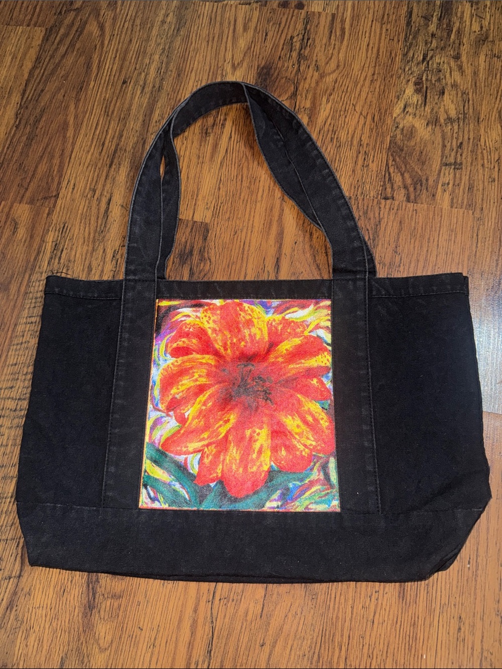 Black Canvas Tote Bag with Red Floral Print 38.T